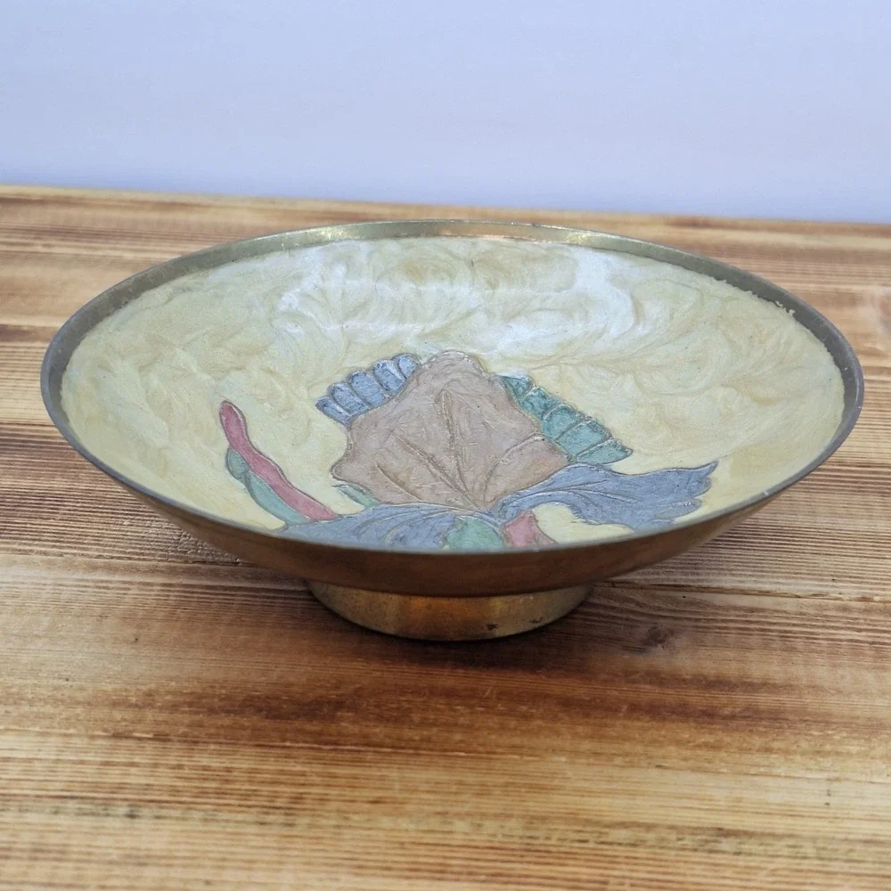 vintage brass decorative‎ wall plate featuring a hand-painted enamel iris Design
